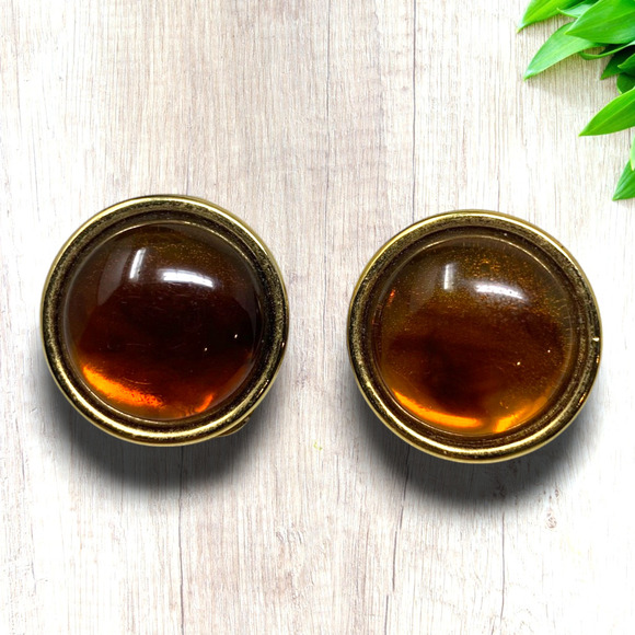 Vintage 1980's Monet Amber Cabochon Domed Button Earrings Modernist Couture - Picture 1 of 6